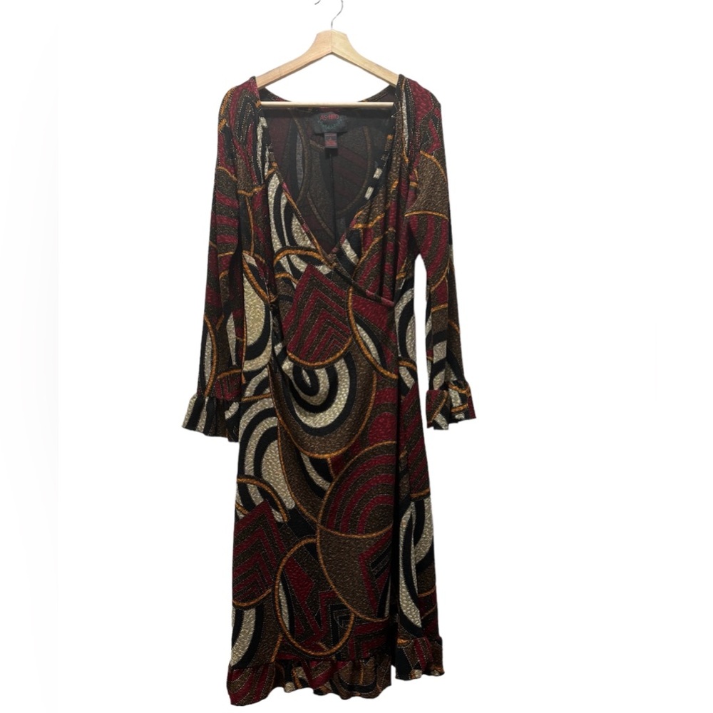 ASHRO Women Midi Tribal Design Ruffle Hem/Sleeves Slight Front Drape/Wrap Size L